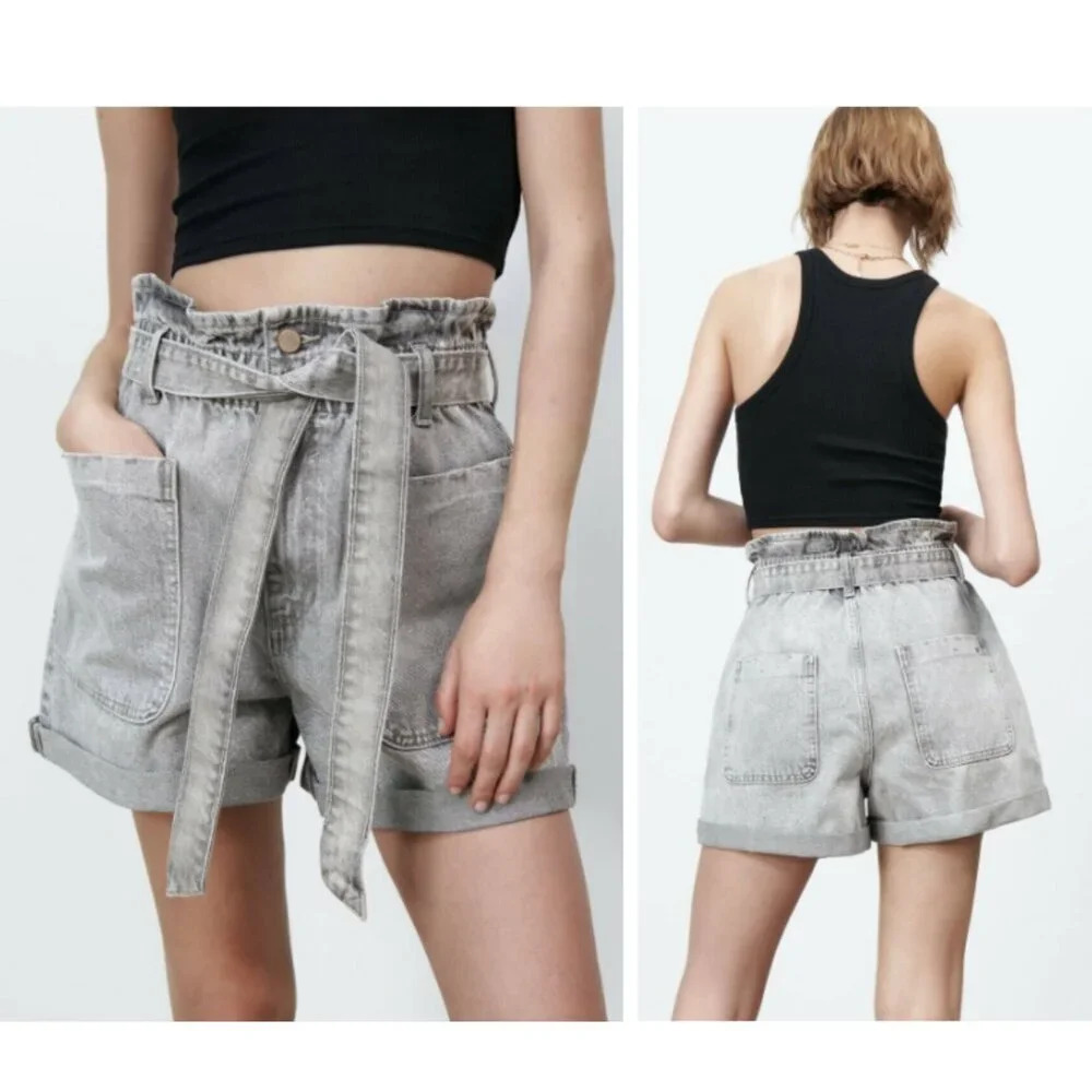 Zara High Rise Belted Paperbag Denim Shorts 21389